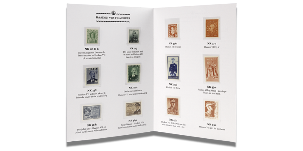 Kong Haakon VIIs frimerker - komplett motivsett fremside og bakside